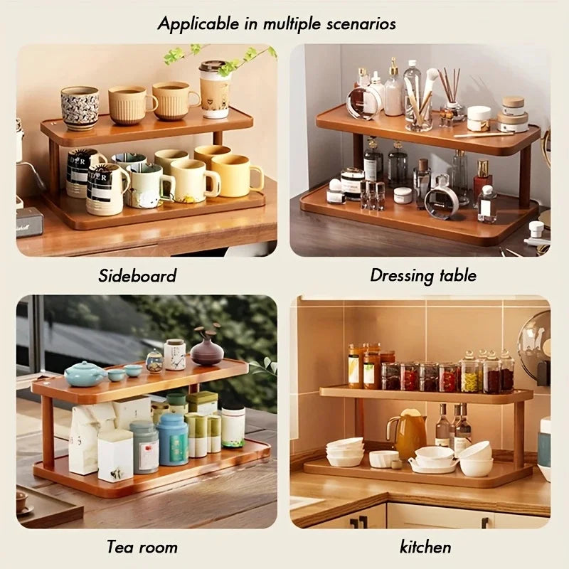 Wooden 2 Tier Countertop Organizer With Handles Multi-Purpose Storage Rack For Kitchen Spices & Tea Room