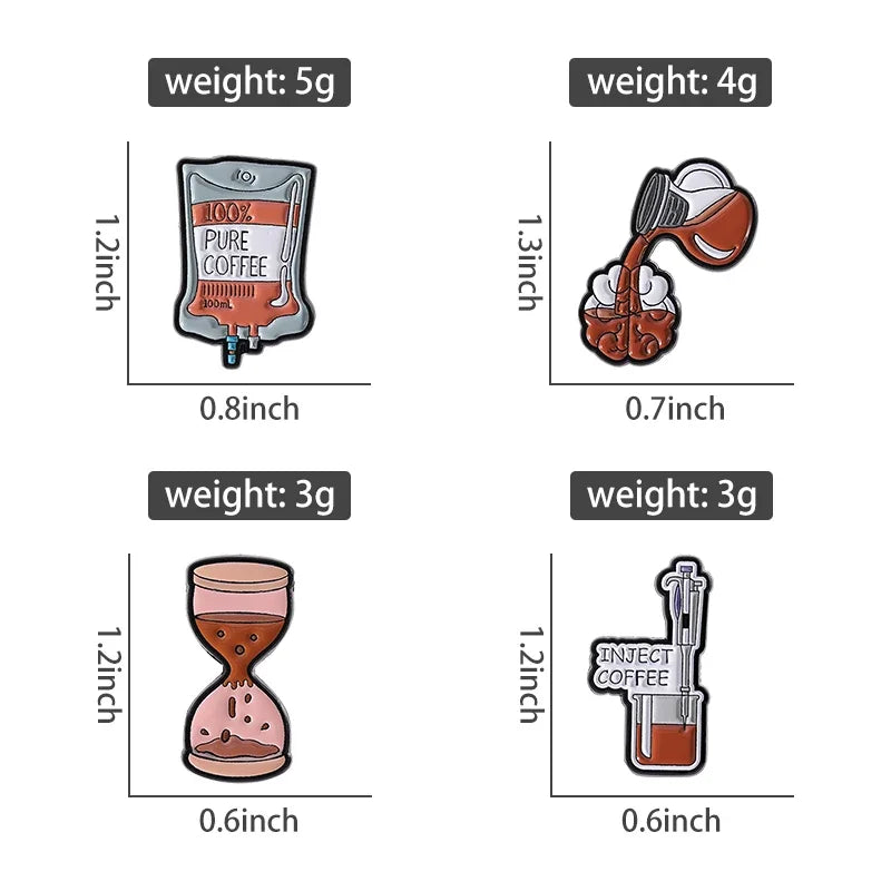 100% Pure Coffee Bag Medical Enamel Pins Coffee Filling Brain Inject Coffee Hourglass Brooch Lapel Badge Jewelry Gift for Friend