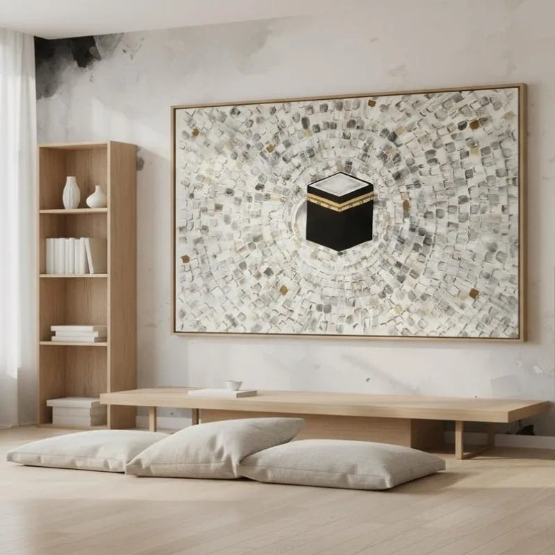 Extra Large Modern Abstract Islamic Mecca Canvas Painting Wall Art, Frameless Textured Kaaba Wall Art Living Room Decortions