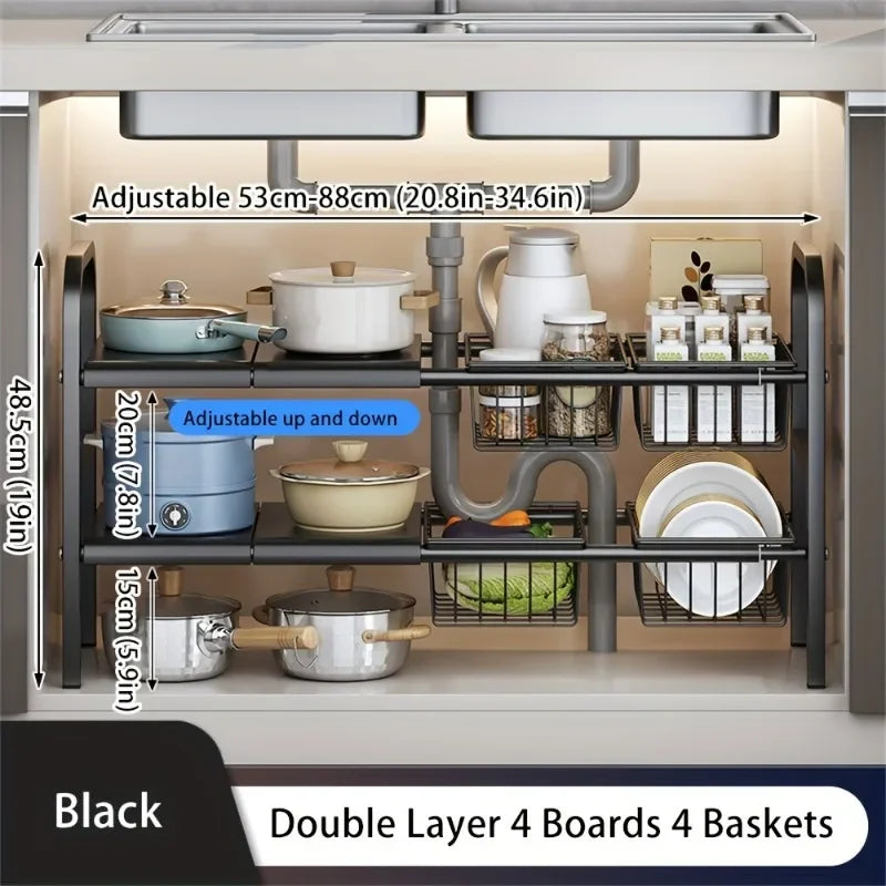 1 Set Multi-Use Kitchen Under Bathroom Sink Organizers - Expandable Cabinet Shelf Organizer Storage Rack