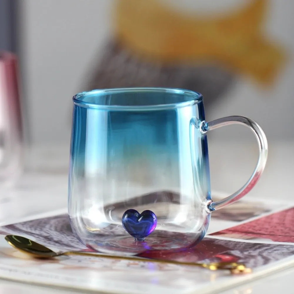 New Transparent Gradient Glass Cup 400mL Large Capacity Glass Coffee Mug 3D Love Heart Couple Pair Cup Kitchen