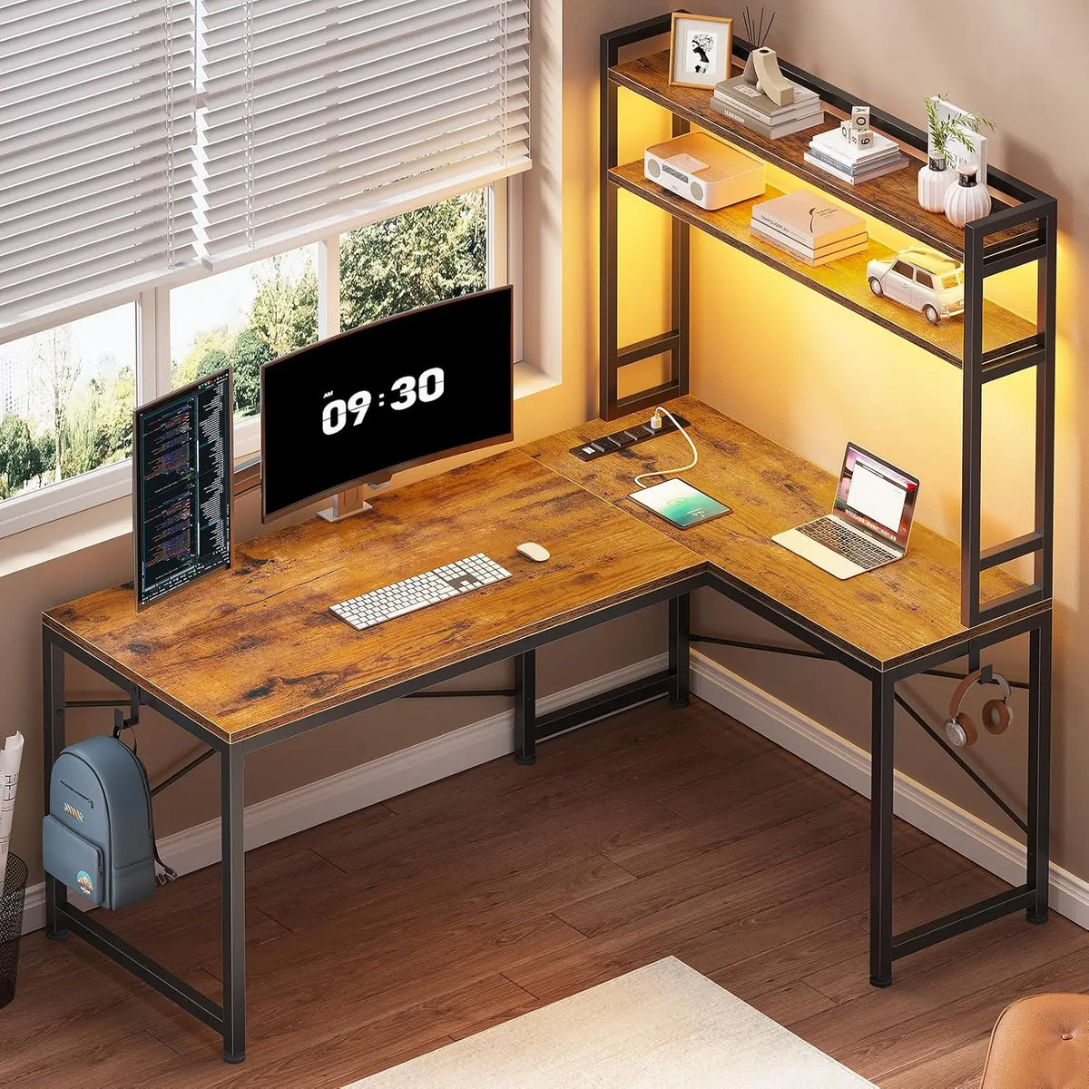 L Shaped Desk with Hutch, 45.3" Reversible Home Office Gaming Desk with LED Lights, Power Outlet, Storage & Hooks for Small Spac