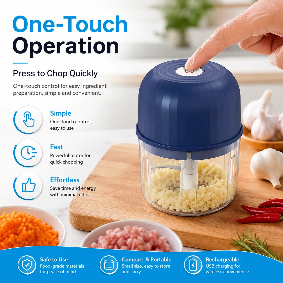 1PC Electric Garlic Chopper Mini Food Processor Usb Rechargeable Vegetable Meat Grinder Kitchen Garlic Masher Mixer Tool