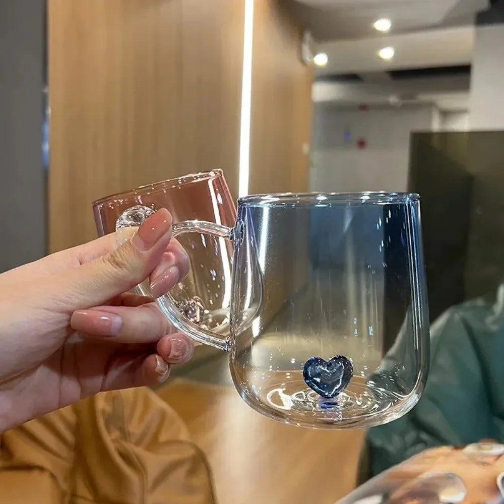 New Transparent Gradient Glass Cup 400mL Large Capacity Glass Coffee Mug 3D Love Heart Couple Pair Cup Kitchen