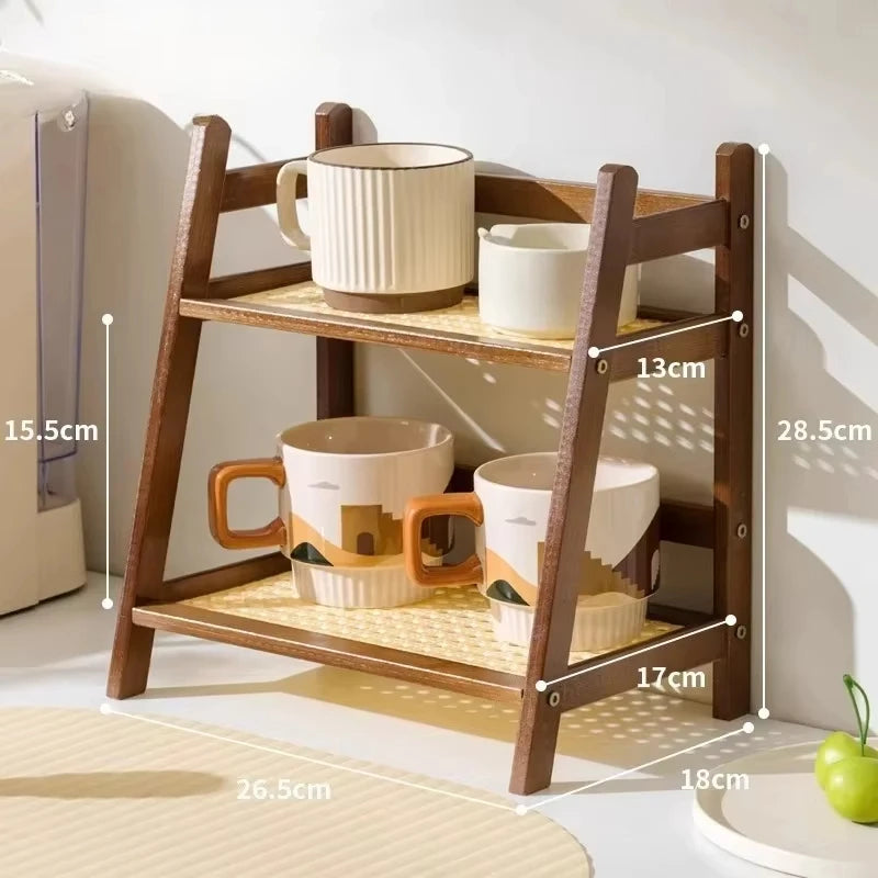 Retro Bamboo 2 Layer Storage Rack Countertop Organizer Stable Kitchen Shelf for Home Hotel Apartment Dressing Table