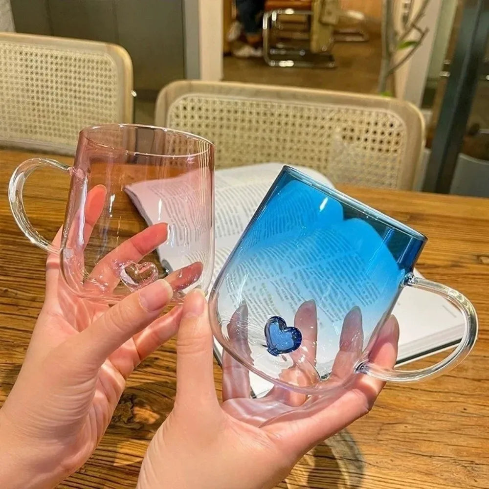 New Transparent Gradient Glass Cup 400mL Large Capacity Glass Coffee Mug 3D Love Heart Couple Pair Cup Kitchen