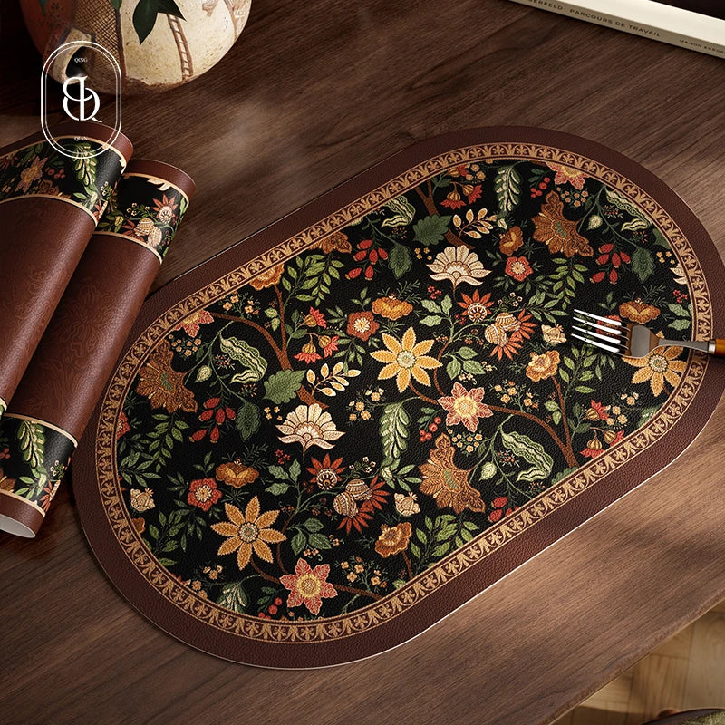 Faux Leather Placemats Set of 2 Non-Slip Oval Faux Leather Table Mat Heat Stain Resistant for Dinning Room Decor 12x20 Inch Gift