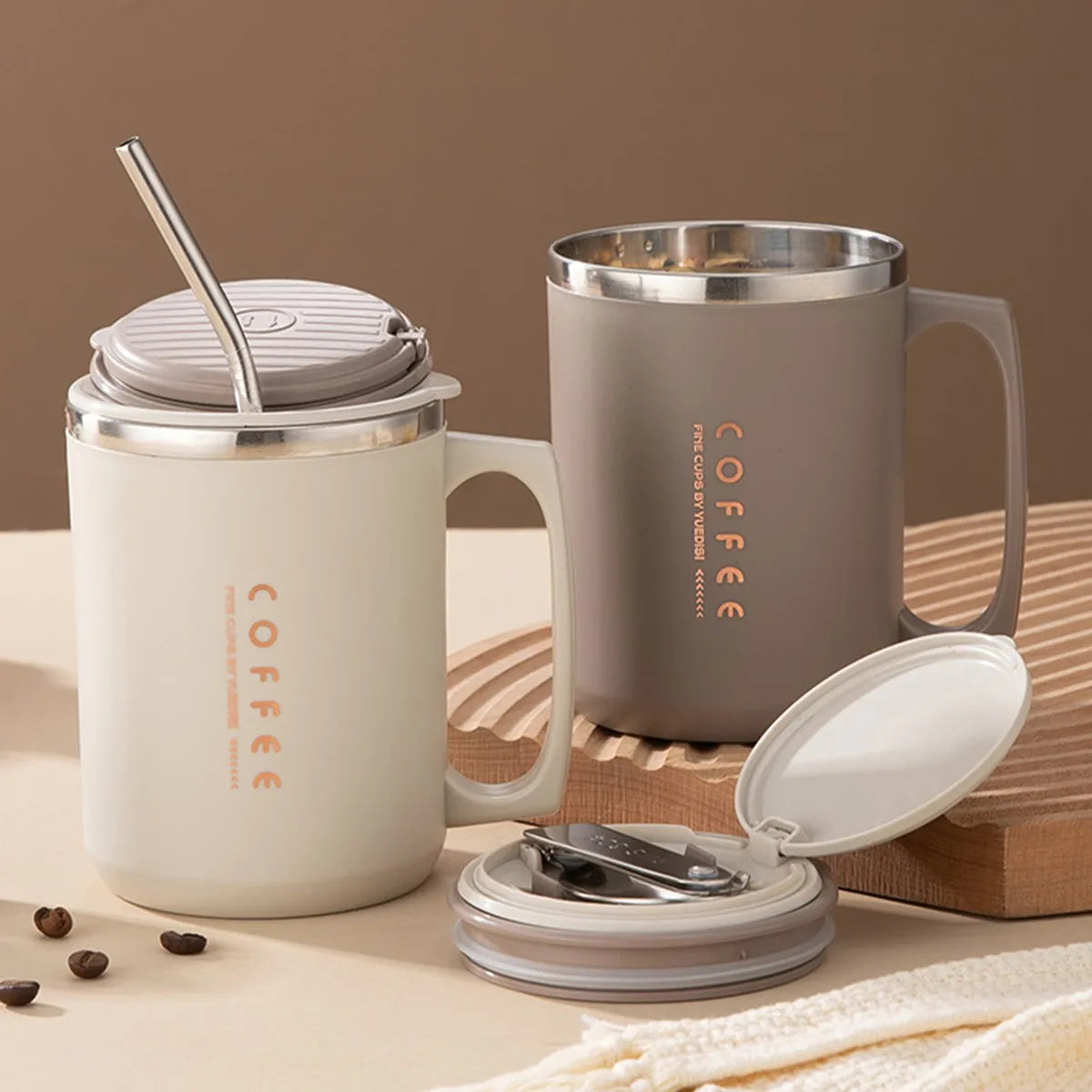 480ML Thermos Cup With Spoon&Straw 304 Stainless Steel Coffee Mug Reusable Leak-proof Drinking Cup Drinkware For Student Adult