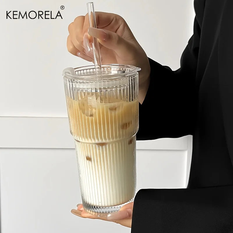 600ML Stripe Glass Coffee Cup with Lid