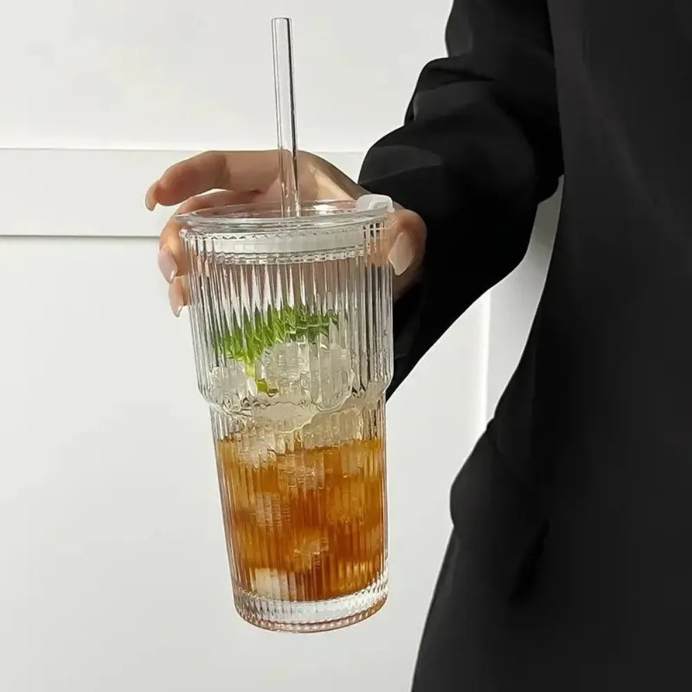 600ml Stripe Glass Cup with Lid & Straw 🥤✨