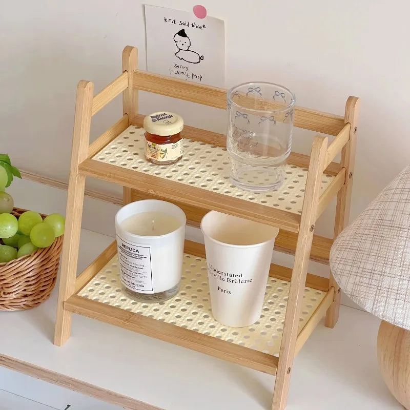 2-Tier Bamboo Countertop Organizer Rattan Coffee Cup Holder Desktop Storage Shelf for Kitchen Bathroom Vanity Dressing Table 
