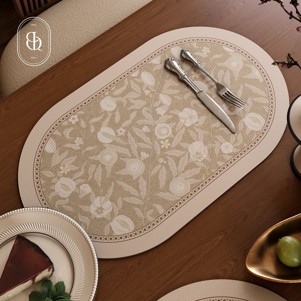 Faux Leather Placemats Set of 2 Non-Slip Oval Faux Leather Table Mat Heat Stain Resistant for Dinning Room Decor 12x20 Inch Gift