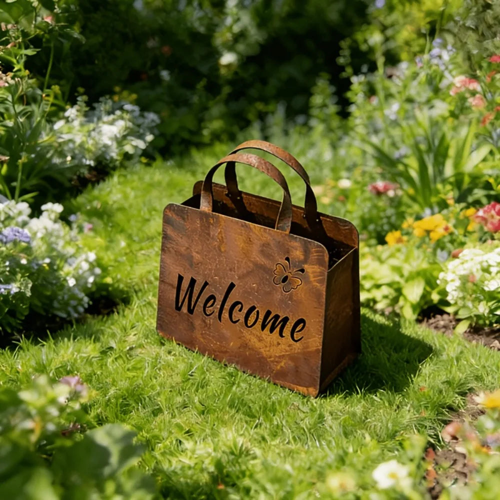 1PC Vintage Iron Handbag Garden Statue with Hello & Welcome Sign Rust Iron Material Elegant Garden Sculpture Mini Flower Box