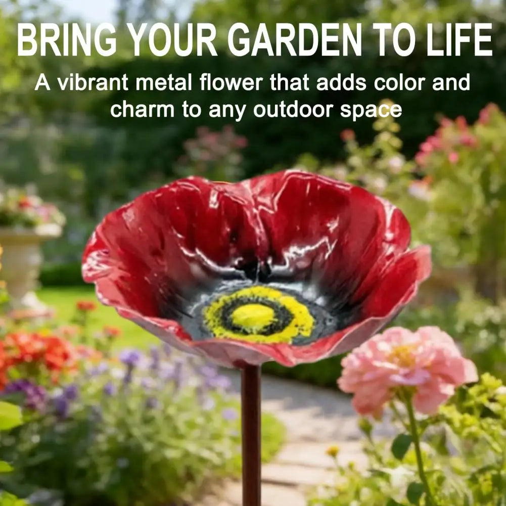 Metal Flower Yard Stake Handmade Bee Watering Station Ground Insert Bird Bath Feeder Butterfly Drinking Bowl Outdoor Decor