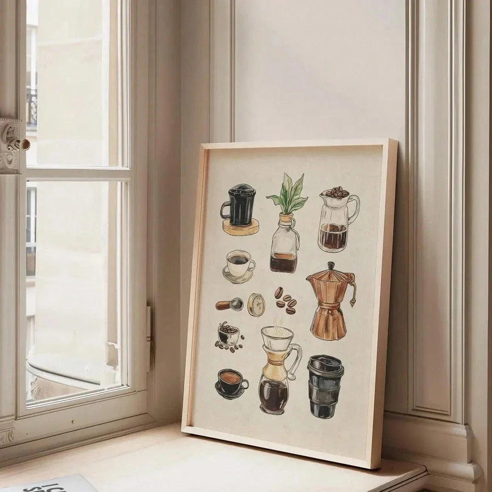 Unframed/Framed Retro Coffee Chart Rustic Canvas Poster Print Coffee Lover Bar Cart Minimalist Kitchen Drinks Wall Art Painting