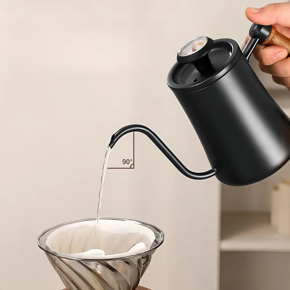 Coffee Pot with Lid Thermometer 304 Stainless Steel Clear Scale Solid Wood Handle High Quality Hand-made Coffee Utensils 500ML