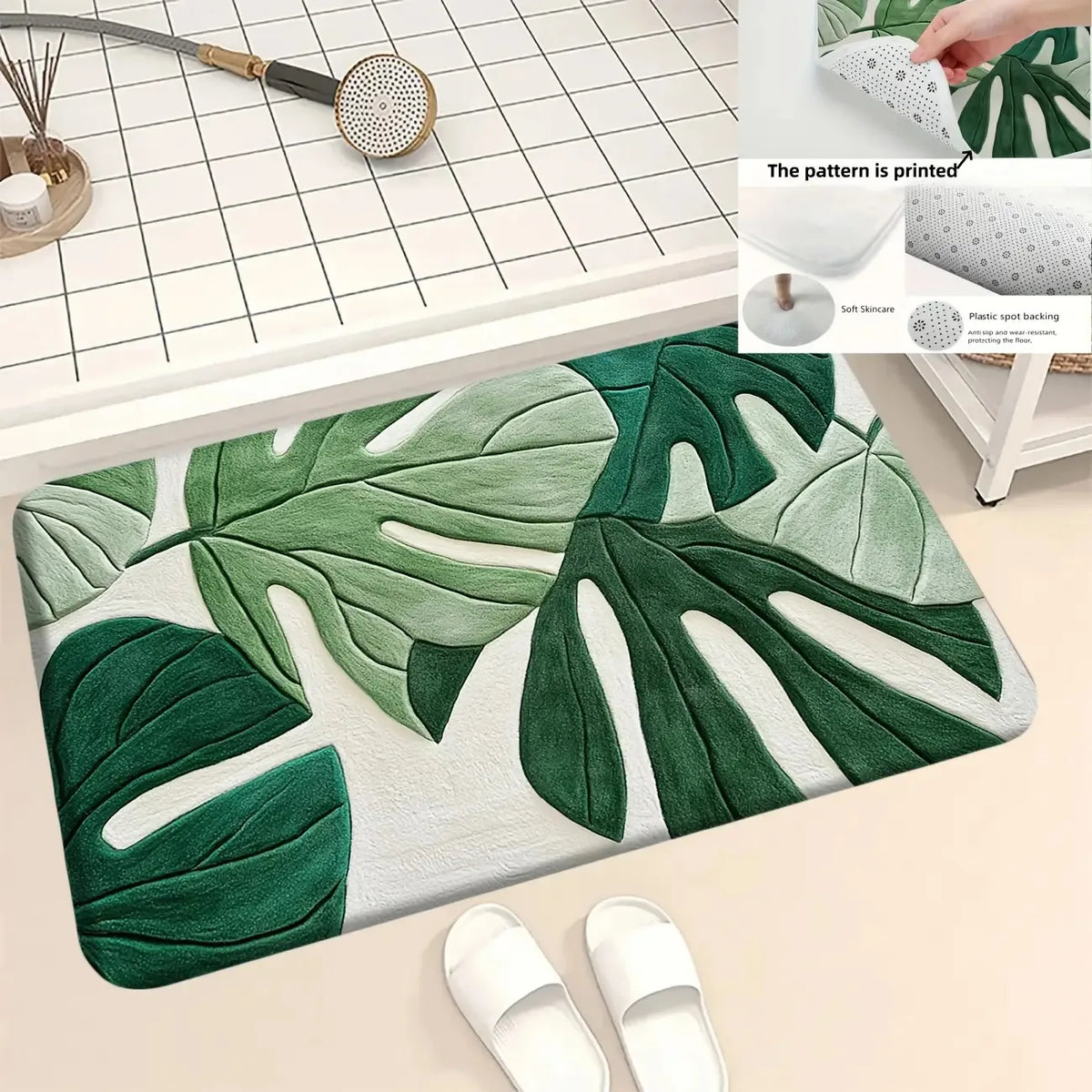 3D Monstera Leaf Doormat 1pc Green Tropical Plant Design with Raised Pattern, Soft Plush Floor Mat for Bathroom and Living Room