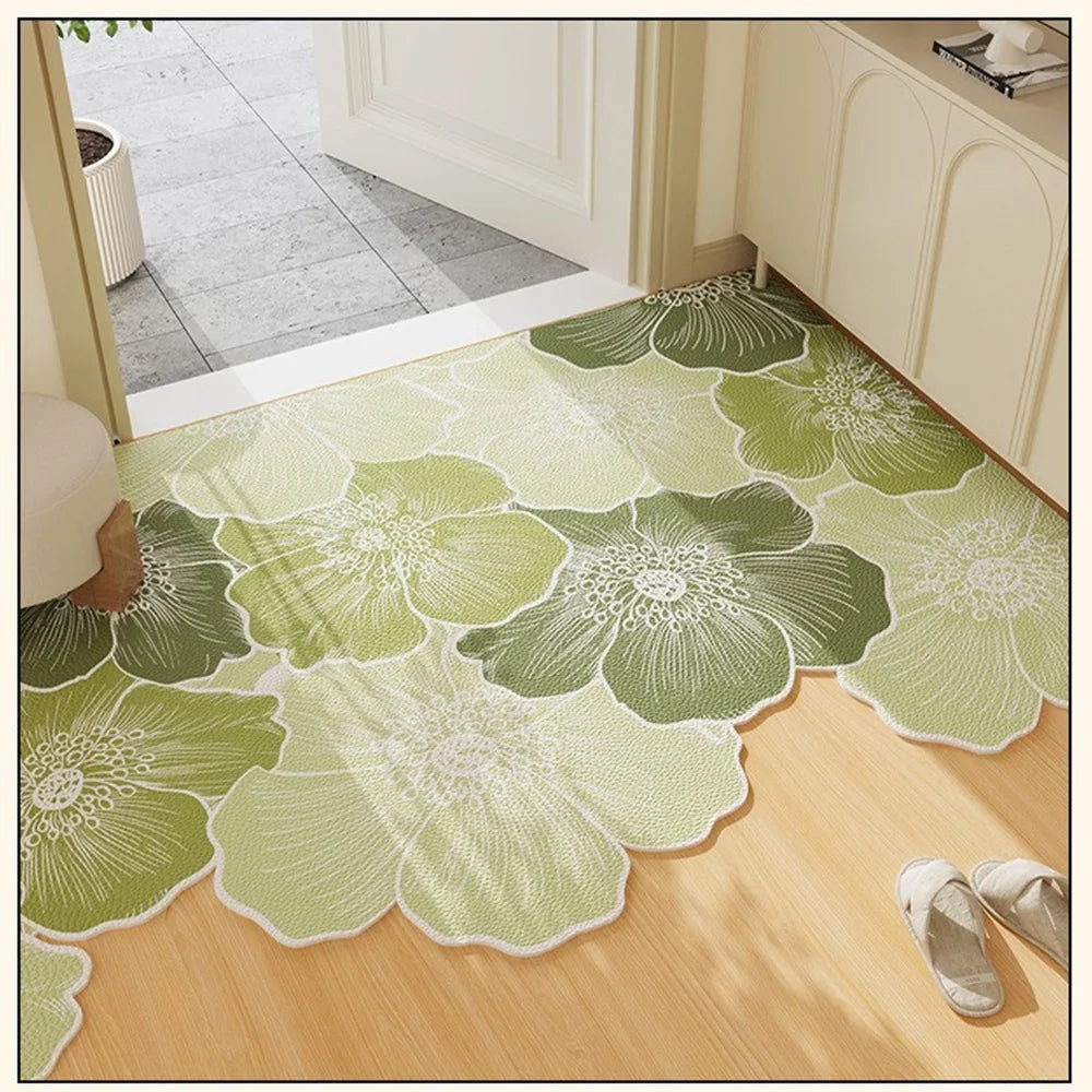VIKAMA Entryway Green Floral Rug Wavy-Edge Entryway Hallway Mat Durable, Stain-Resistant, Fresh Natural Style Rug Home Decor
