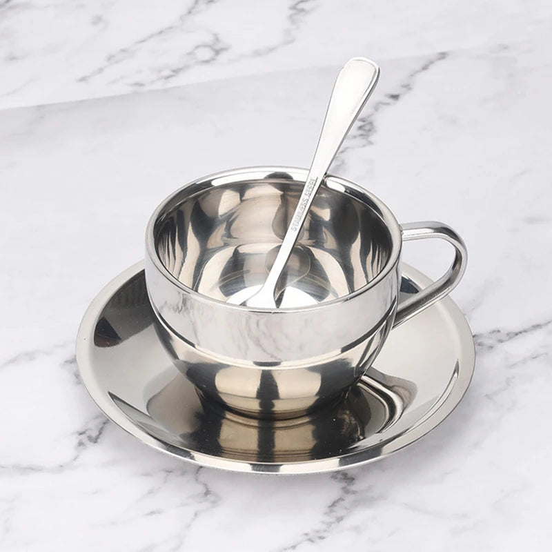 Coffee Cups Set Double-deck Thermal Insulation Coffee Mug Tea Cups Set Milk Mug with Saucer Mat Spoon Stainless Steel Metal CIQ