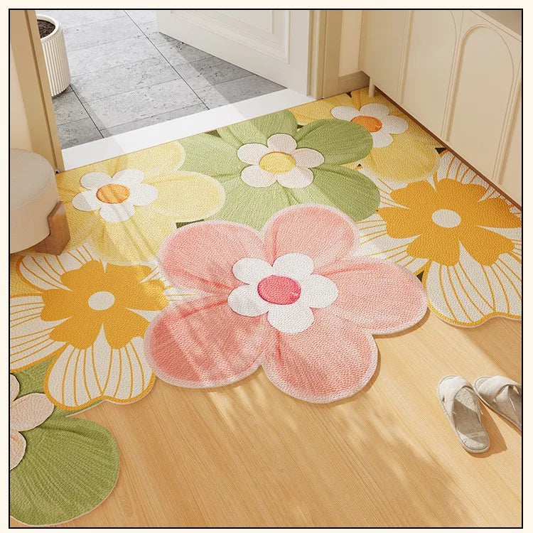 VIKAMA Entryway Green Floral Rug Wavy-Edge Entryway Hallway Mat Durable, Stain-Resistant, Fresh Natural Style Rug Home Decor