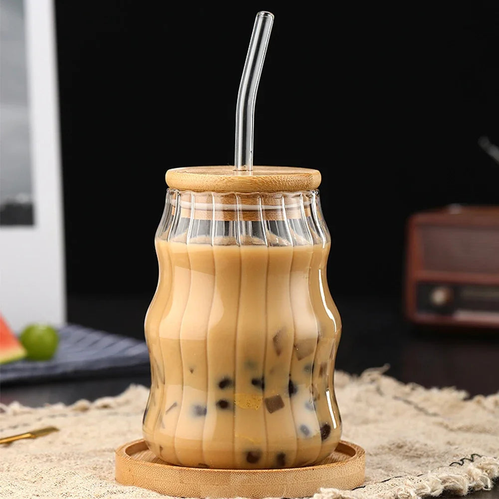 500ml Stripe Glass Cup With Lid and Straw Transparent Glass Mug Iced Coffee Cup Drinking Glasses For Juice Water Cup Drinkware