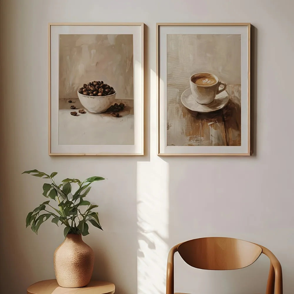 2pcs Frameless Rustic Farmhouse Coffee Cup and Bean Canvas,Retro Kitchen Decor with Coffee Cup and Bean Printing,Neutral Tones