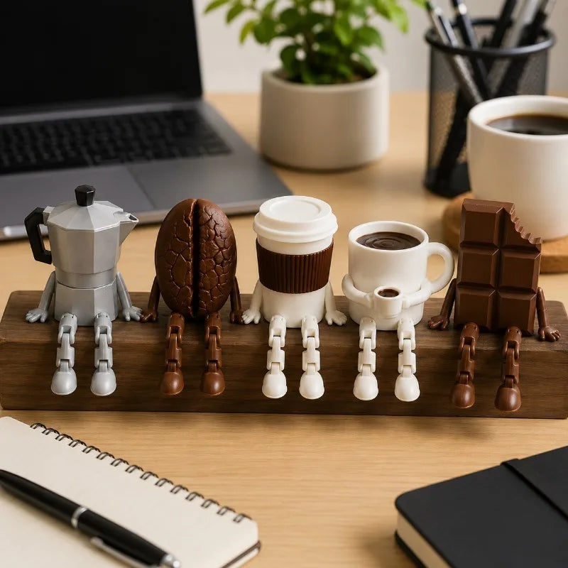 3D Printed Coffee Corner Decor, Articulated Moka Pot Coffee Bean Cup Mug Chocolate Figures, Coffee Station Shelf Decor, Gift