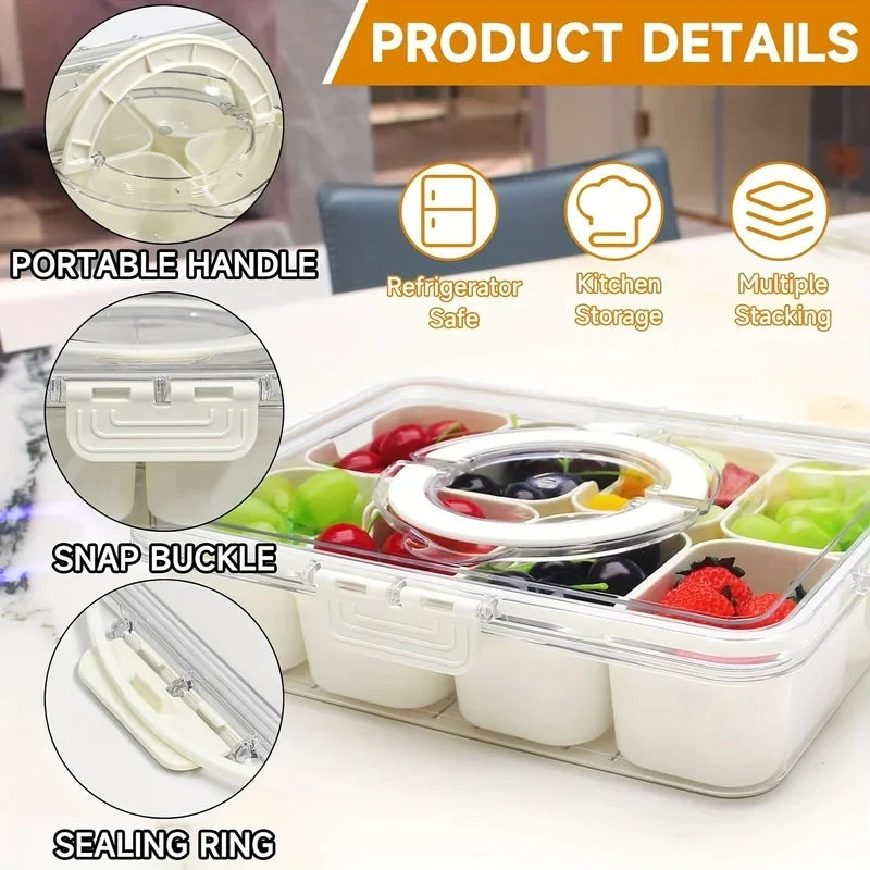 Veggie Tray with Lid and Handle, Divided Serving Tray, Snack Spinner, Portable Snackle Boxs for Candy Fruits Nuts, Clear Fridge