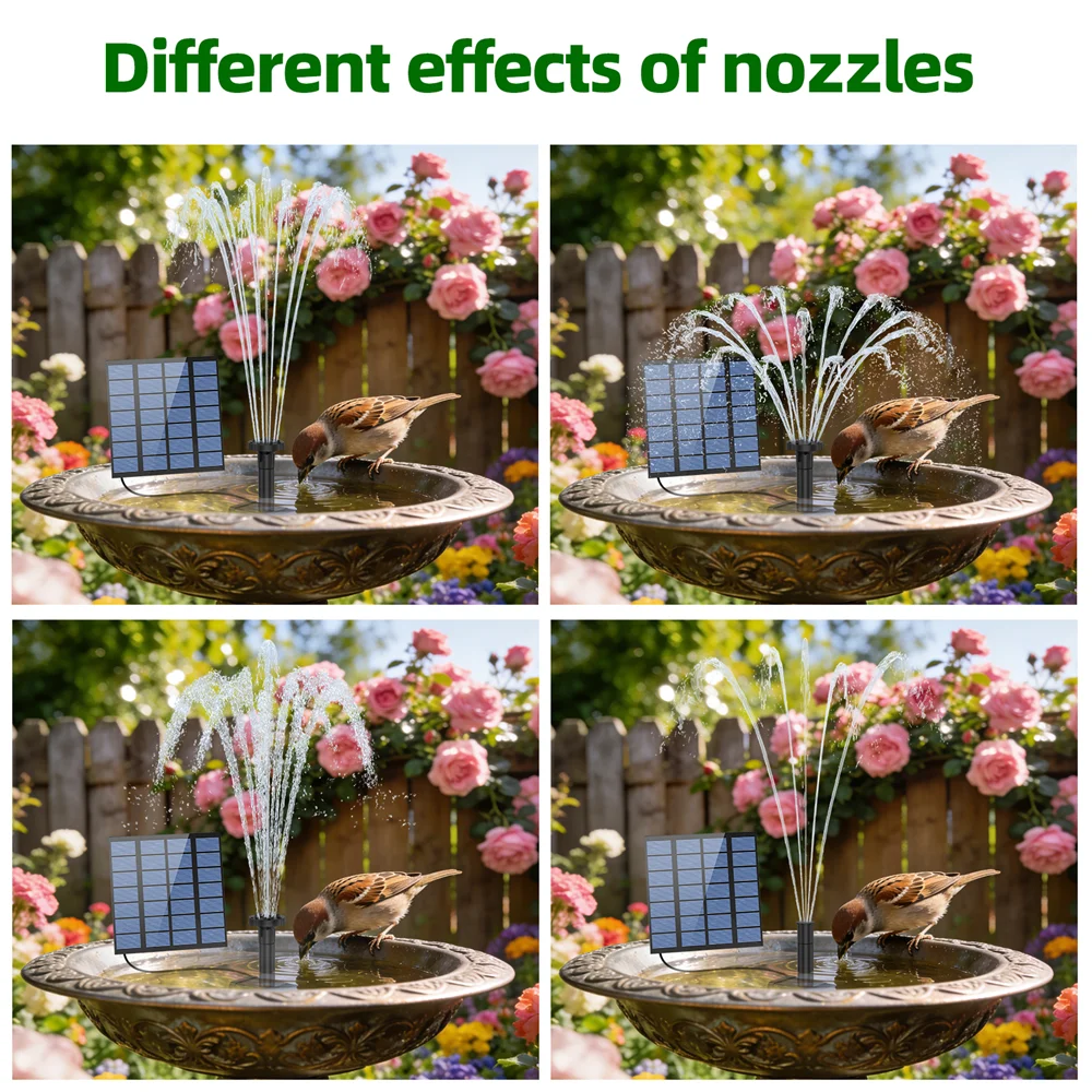 1.8W Solar-Powered Water Fountain Solar Fountain Bird Bath Pump with 6 Nozzles DIY Water Feature for Garden Pond Bird Bath, IPX8