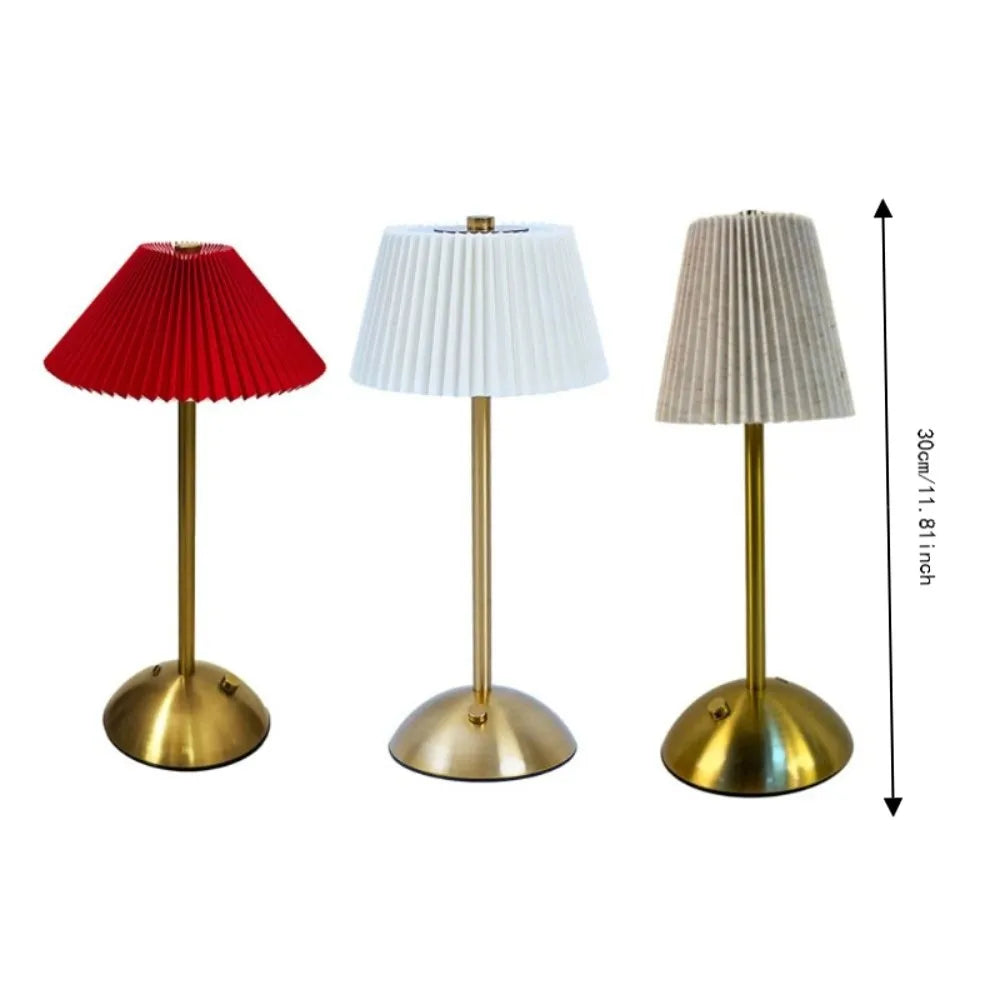 Metal Base Pleated Desk Lamp Fabric Shade Pastoral Style Touch Bedside Lamp Dimmable Wireless Bedside Ambient Light Bedroom