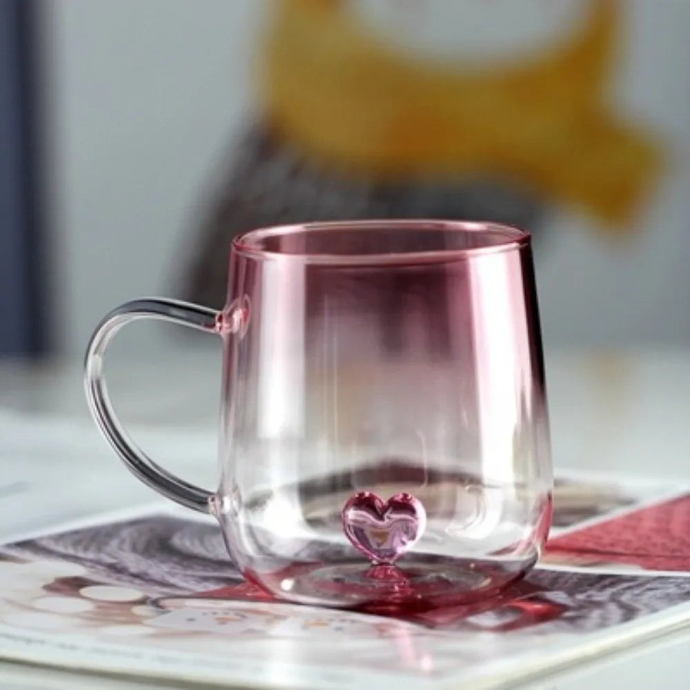 New Transparent Gradient Glass Cup 400mL Large Capacity Glass Coffee Mug 3D Love Heart Couple Pair Cup Kitchen