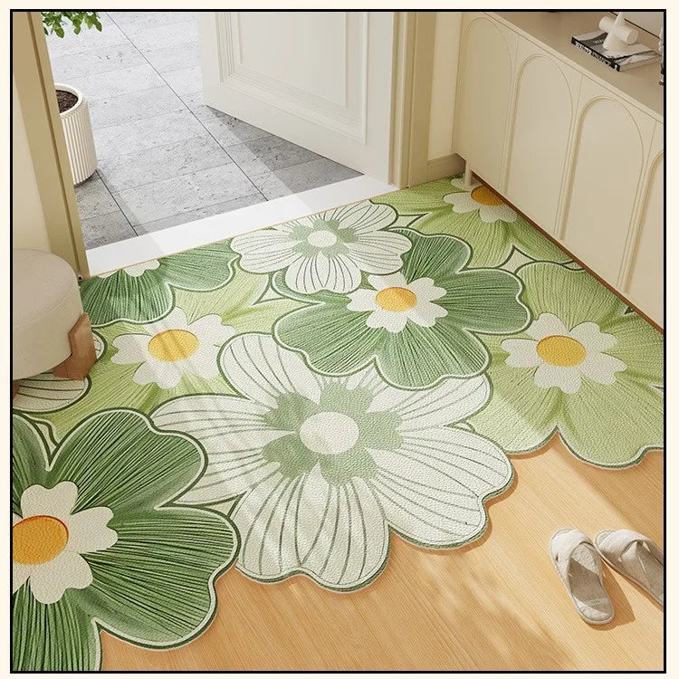 VIKAMA Entryway Green Floral Rug Wavy-Edge Entryway Hallway Mat Durable, Stain-Resistant, Fresh Natural Style Rug Home Decor