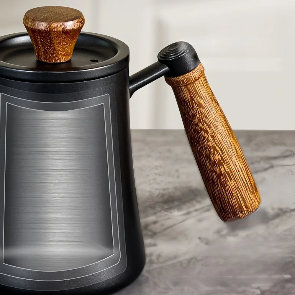 Coffee Pot with Lid Thermometer 304 Stainless Steel Clear Scale Solid Wood Handle High Quality Hand-made Coffee Utensils 500ML