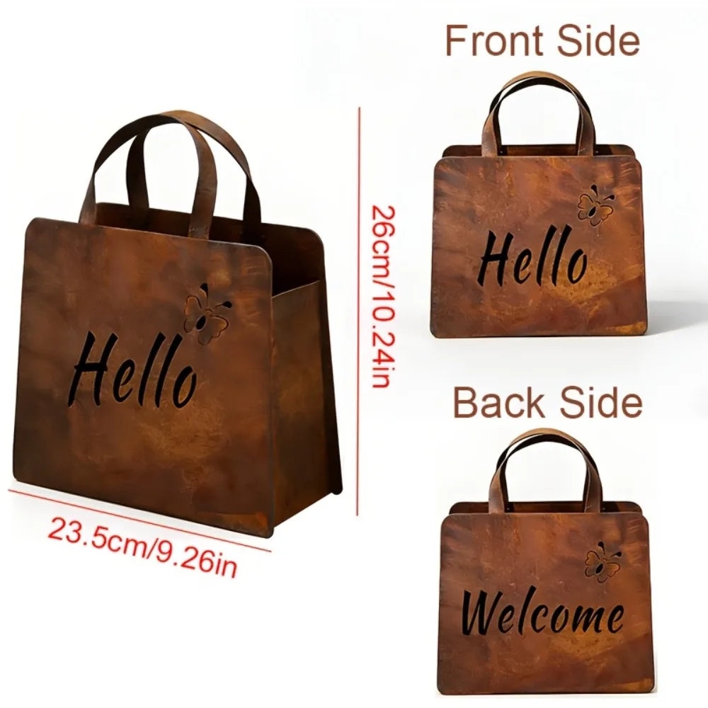 1PC Vintage Iron Handbag Garden Statue with Hello & Welcome Sign Rust Iron Material Elegant Garden Sculpture Mini Flower Box