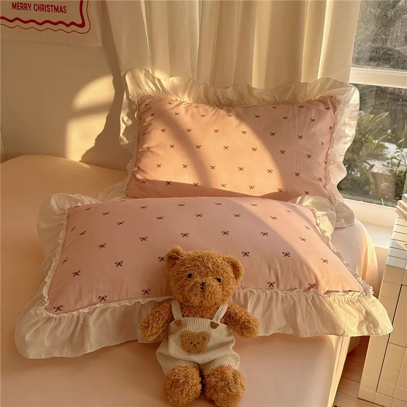 3/4Pcs Korean Princess Style Bow Ruffles Bedding Set Single Queen King Size Duvet Cover Set Bed Sheet Pillowcases