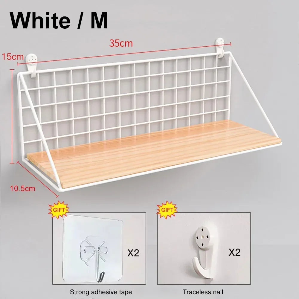 Wooden Floating Wall Shelf No Drilling Storage Basket Rack Space Saving Organizer Display Shelf for Bedroom Living Room Decor