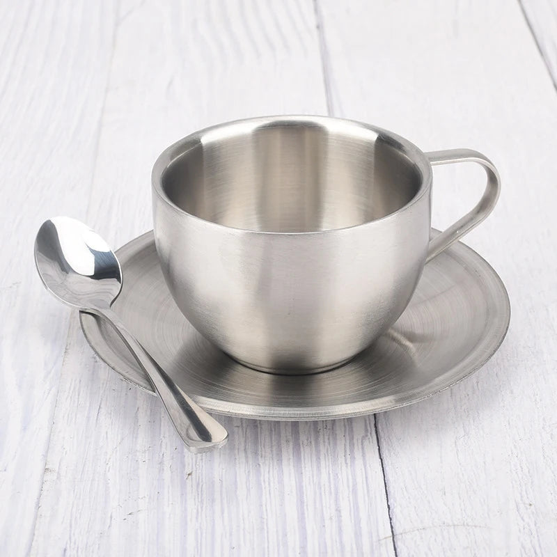 Coffee Cups Set Double-deck Thermal Insulation Coffee Mug Tea Cups Set Milk Mug with Saucer Mat Spoon Stainless Steel Metal CIQ
