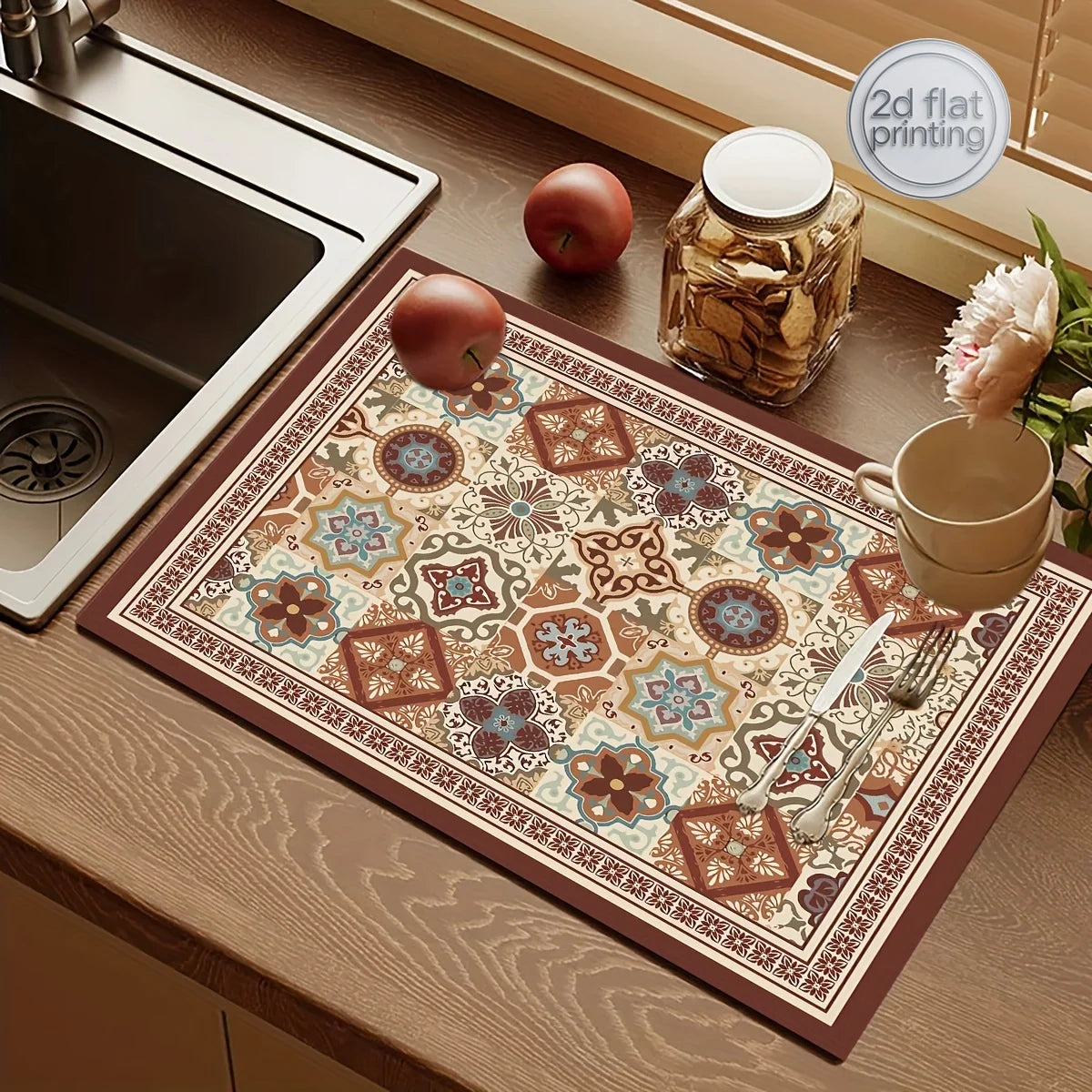 Boho-Chic Espresso Machine Countertop Dish Mat - Absorbent, Non-Slip Rubber Backing, Multi-Use Kitchen & Bathroom Drain Pad, Dia