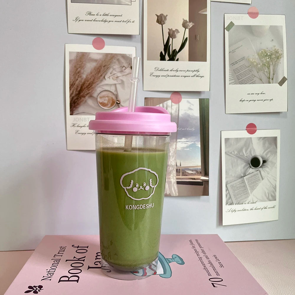 355/473ML Simple Plastic Water Bottle With Straw Tea Strainer Transparent Coffee Cup Office Milk Matcha Drink Cup Car Ice Cups