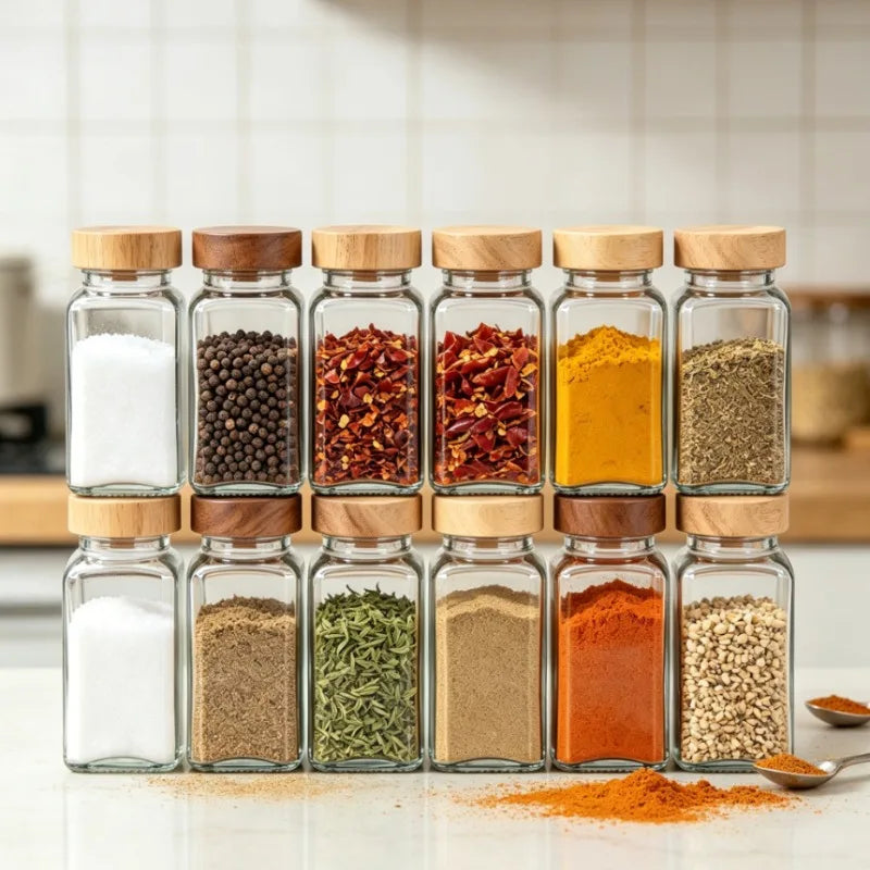6/8/10/12pcs Glass Spice Jars Seasoning Storage Containers with Airtight Wood Lid,Empty Organizer Bottles for Spice