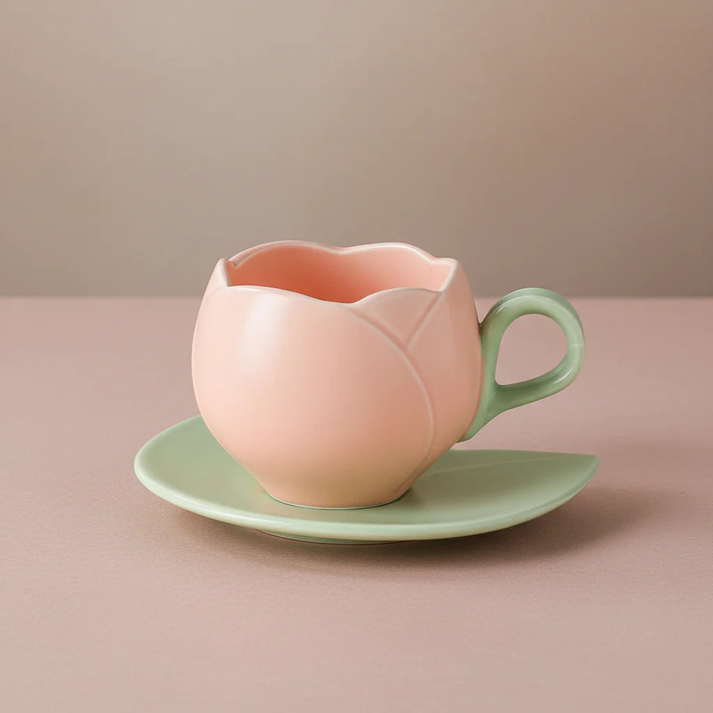 Ceramic Coffee Cup And Saucer Set Tulip Shape Japanese Style Design for Women