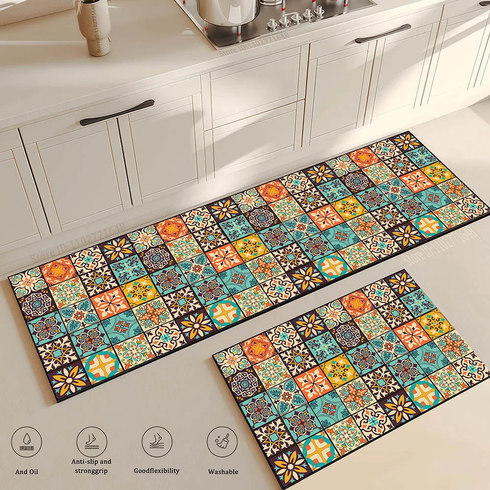 Retro Kitchen Rugs Non-Slip Absorbent Bedroom Luxury Entrance Doormat Washable Anti Fatigue Carpet Long Large Waterproof Mat