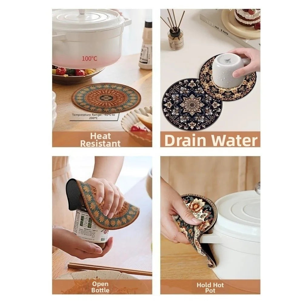 4Pcs Boho Style Pot Holders 12/22cm Round Heat Resistant Mats Heat Resistant Protective Coffee Cup Mats Dining Table