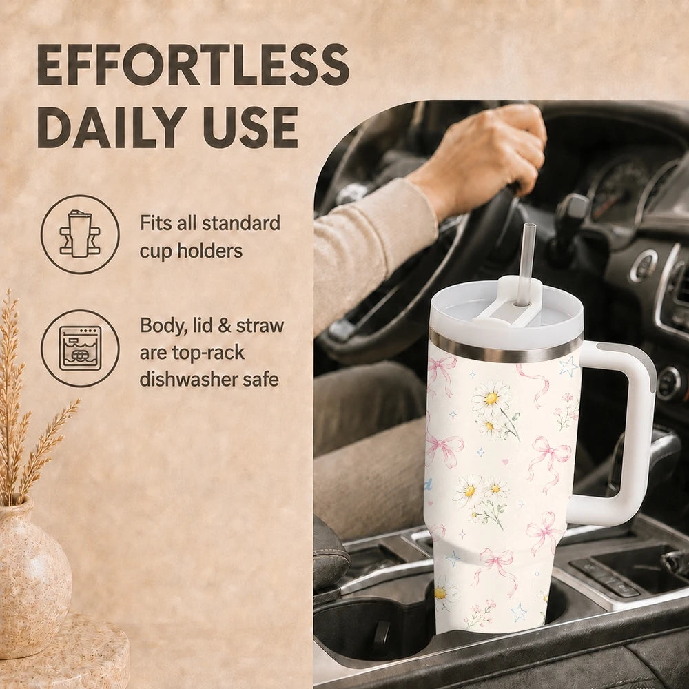 Kawaii Cherry Pattern Vacuum Flasks 40oz Stainless Steel Insulated Tumbler with Handle & Straw Leakproof Travel Mug