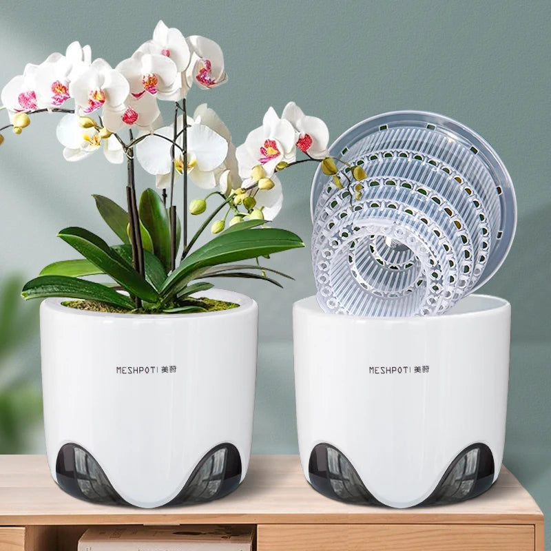 Meshpot Double Layer Orchid Pots with Holes - Plastic Planters Imitate Ceramic, Air Circulation Design for Phalaenopsis Orchid