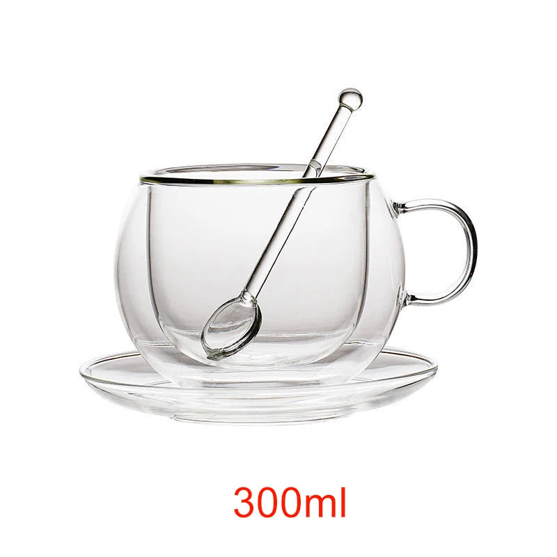 JUSTINLAU 150/300ml Double-layer Glass Cup Transparent with Handle Heat Resistant Coffee Cup & Saucer Milk Juice Water Cup Gift