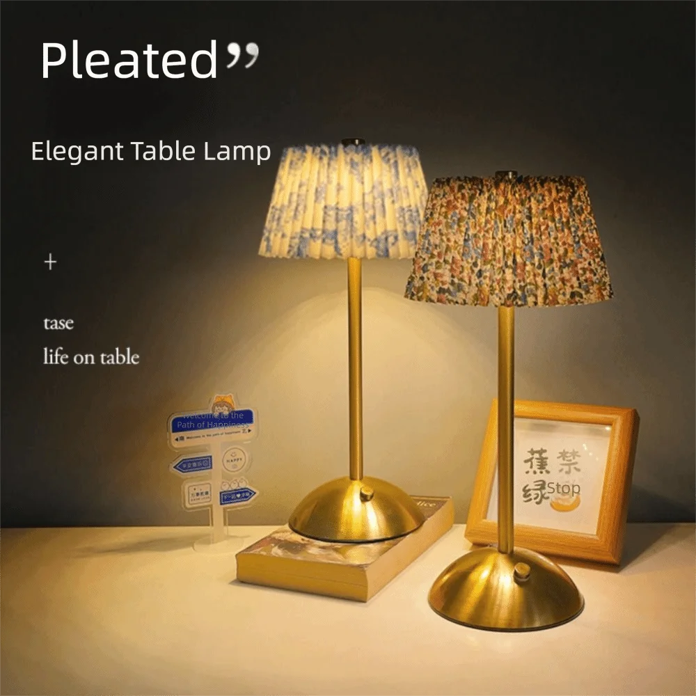 Metal Base Pleated Desk Lamp Fabric Shade Pastoral Style Touch Bedside Lamp Dimmable Wireless Bedside Ambient Light Bedroom