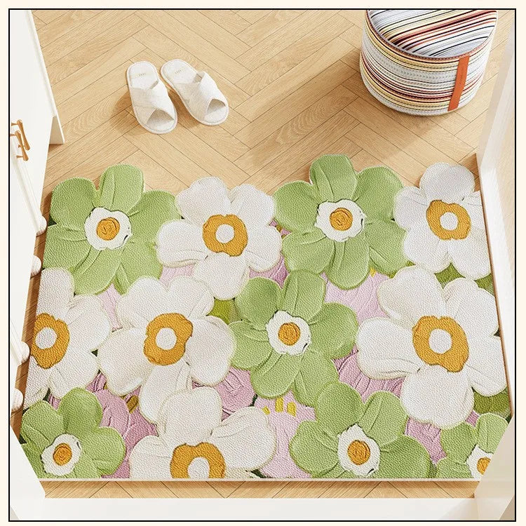 VIKAMA Entryway Green Floral Rug Wavy-Edge Entryway Hallway Mat Durable, Stain-Resistant, Fresh Natural Style Rug Home Decor