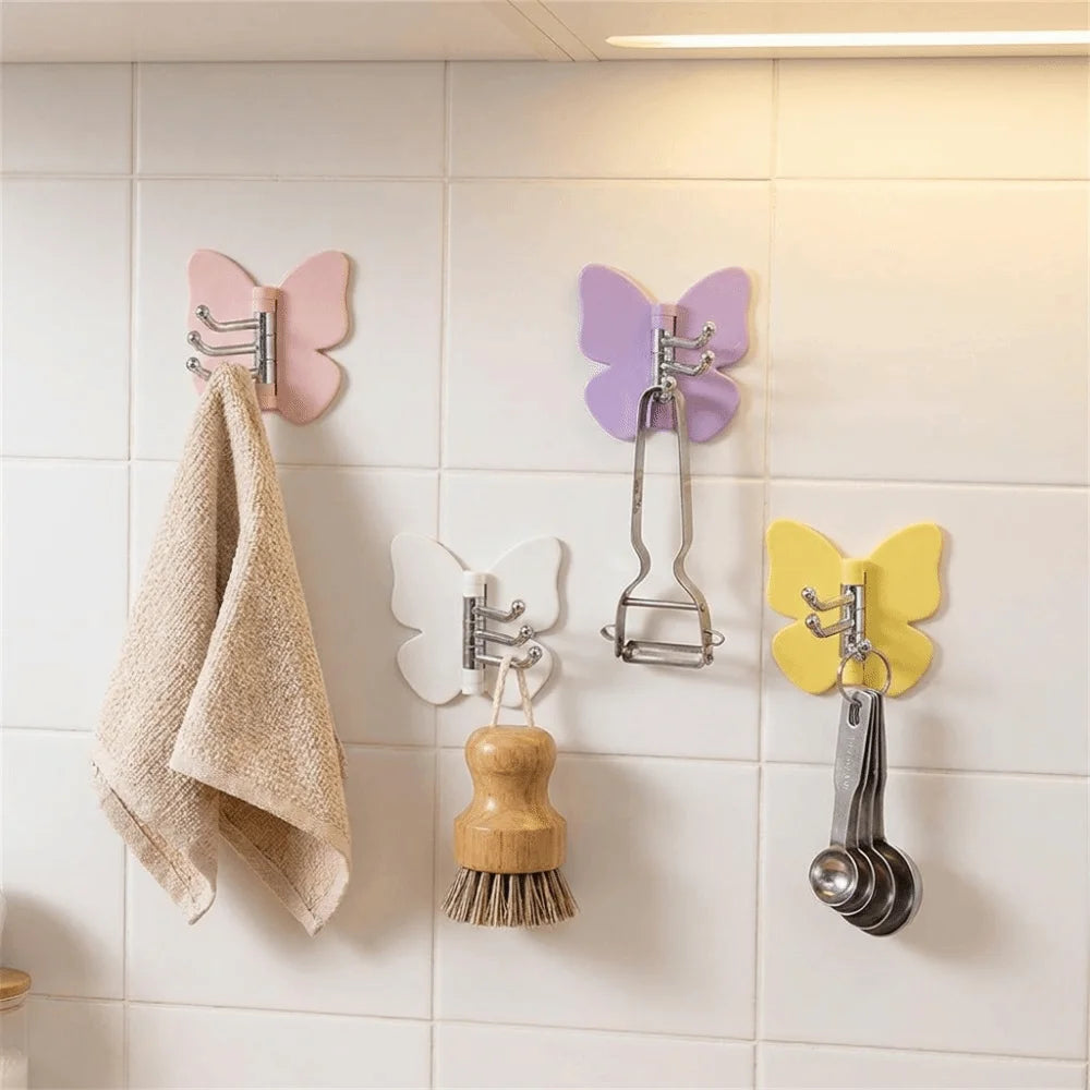 4Pcs Rotating Butterfly Triple Hook Household Multifunctional Kitchen Bathroom Adhesive Hook Strong Load-bearing Small Butterfly