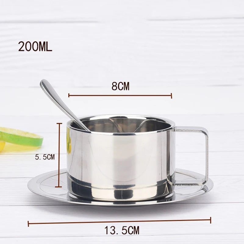 Coffee Cups Set Double-deck Thermal Insulation Coffee Mug Tea Cups Set Milk Mug with Saucer Mat Spoon Stainless Steel Metal CIQ